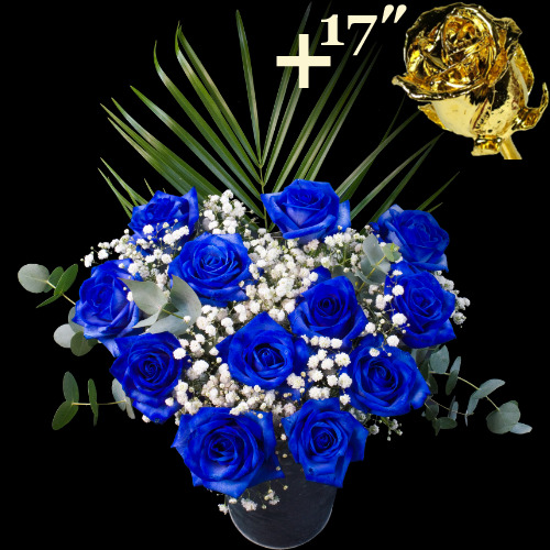 11 Blue Roses and a 17Inch Gold Dipped Rose