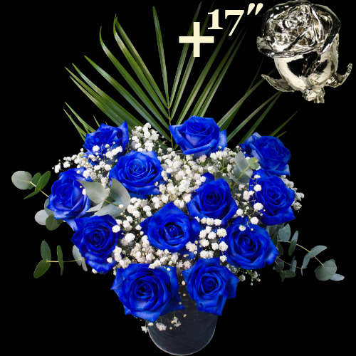 11 Blue Roses and a 17Inch Platinum Dipped Rose