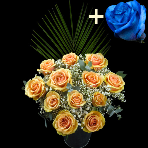 11 Peach Roses and a Blue Rose