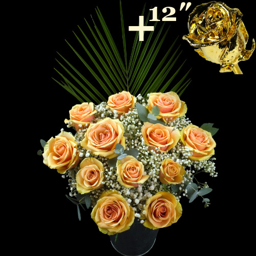 11 Peach Roses and a 12Inch Gold Dipped Rose