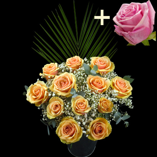 11 Peach Roses and a Pink Rose