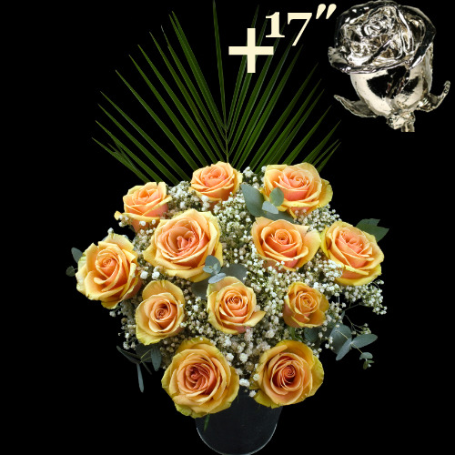 11 Peach Roses and a 17Inch Platinum Dipped Rose