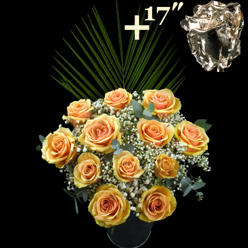 11 Peach Roses and a 17Inch Silver Dipped Rose