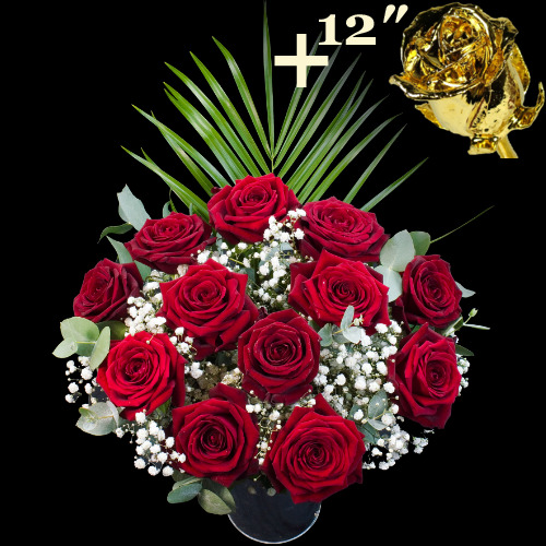 11 Grand Prix Roses and a 12Inch Gold Dipped Rose