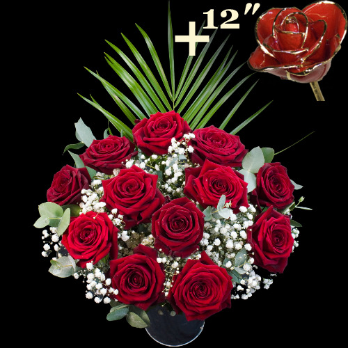 11 Grand Prix Roses and a 12Inch Gold Trimmed Red Rose