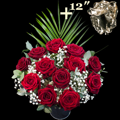 11 Grand Prix Roses and a 12Inch Silver Dipped Rose