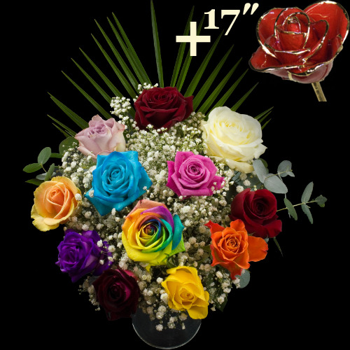 11 Mixed Roses and a 17Inch Gold Trimmed Red Rose