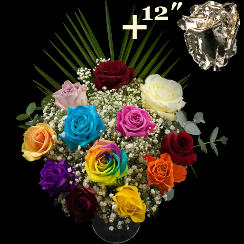 11 Mixed Roses and a 12Inch Silver Dipped Rose