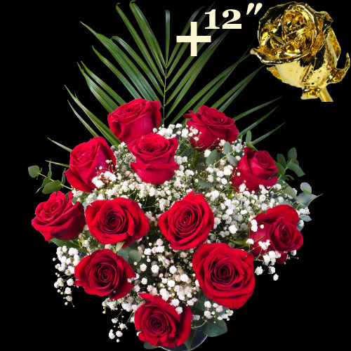 11 Red Roses and single 12Inch Gold Dipped Rose