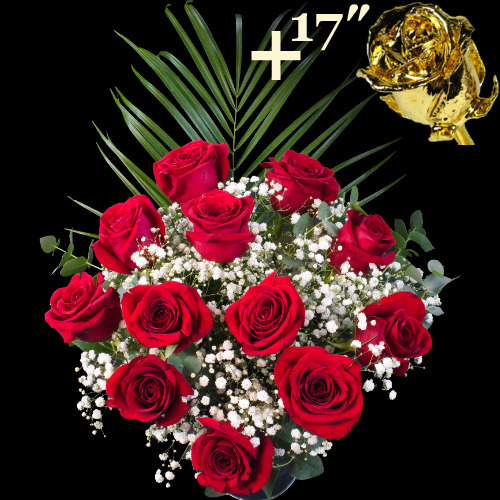 11 Red Roses and single 17Inch Gold Dipped Rose