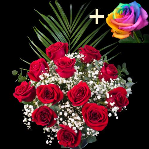 11 Red Roses and single Happy Rose