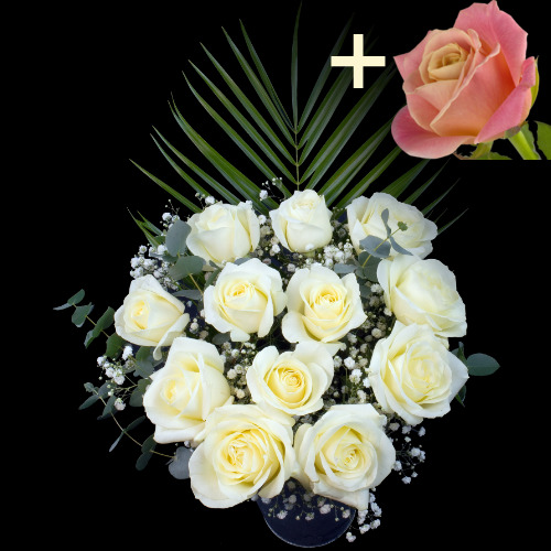 11 White Roses and a Peach Rose