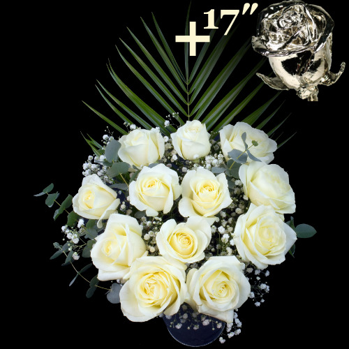 11 White Roses and a 17Inch Platinum Dipped Rose