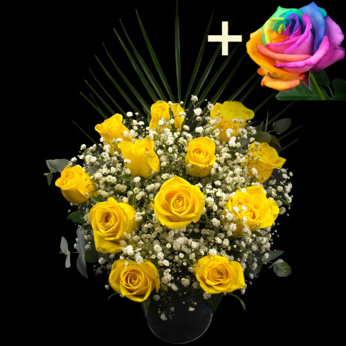11 Yellow Roses and a Happy Rose