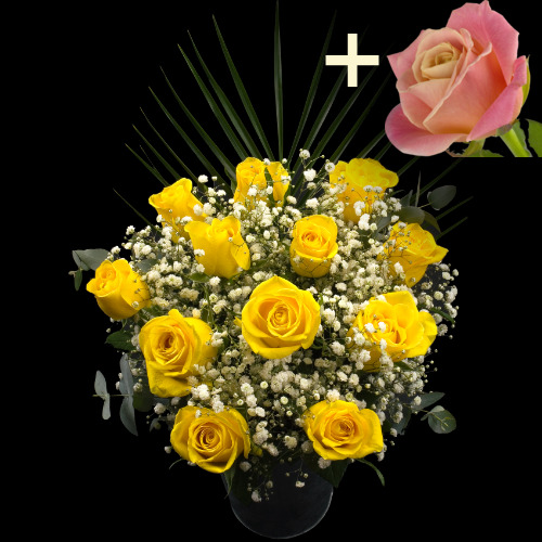 11 Yellow Roses and a Peach Rose
