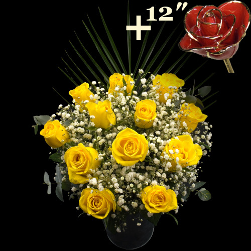 11 Yellow Roses and a 12Inch Gold Trimmed Red Rose