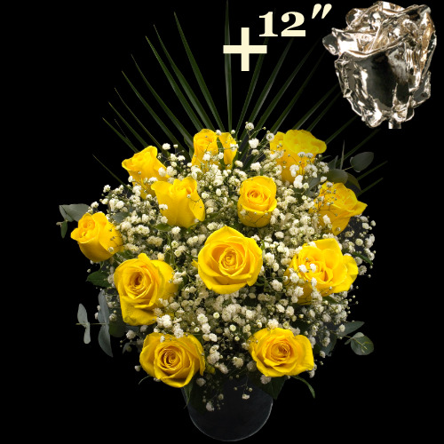 11 Yellow Roses and a 12Inch Silver Dipped Rose