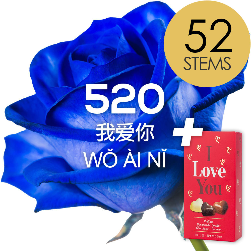 Buy 52 Blue (Dyed) Roses (520 / 10) with ILU Chocs and get a free name ...