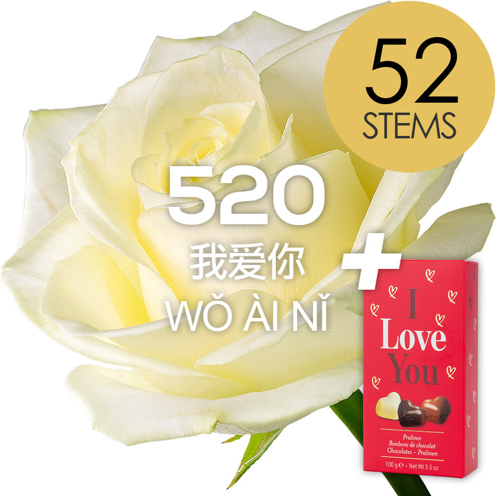 52 White (Avalanche) Roses (520 / 10) with ILU Chocs